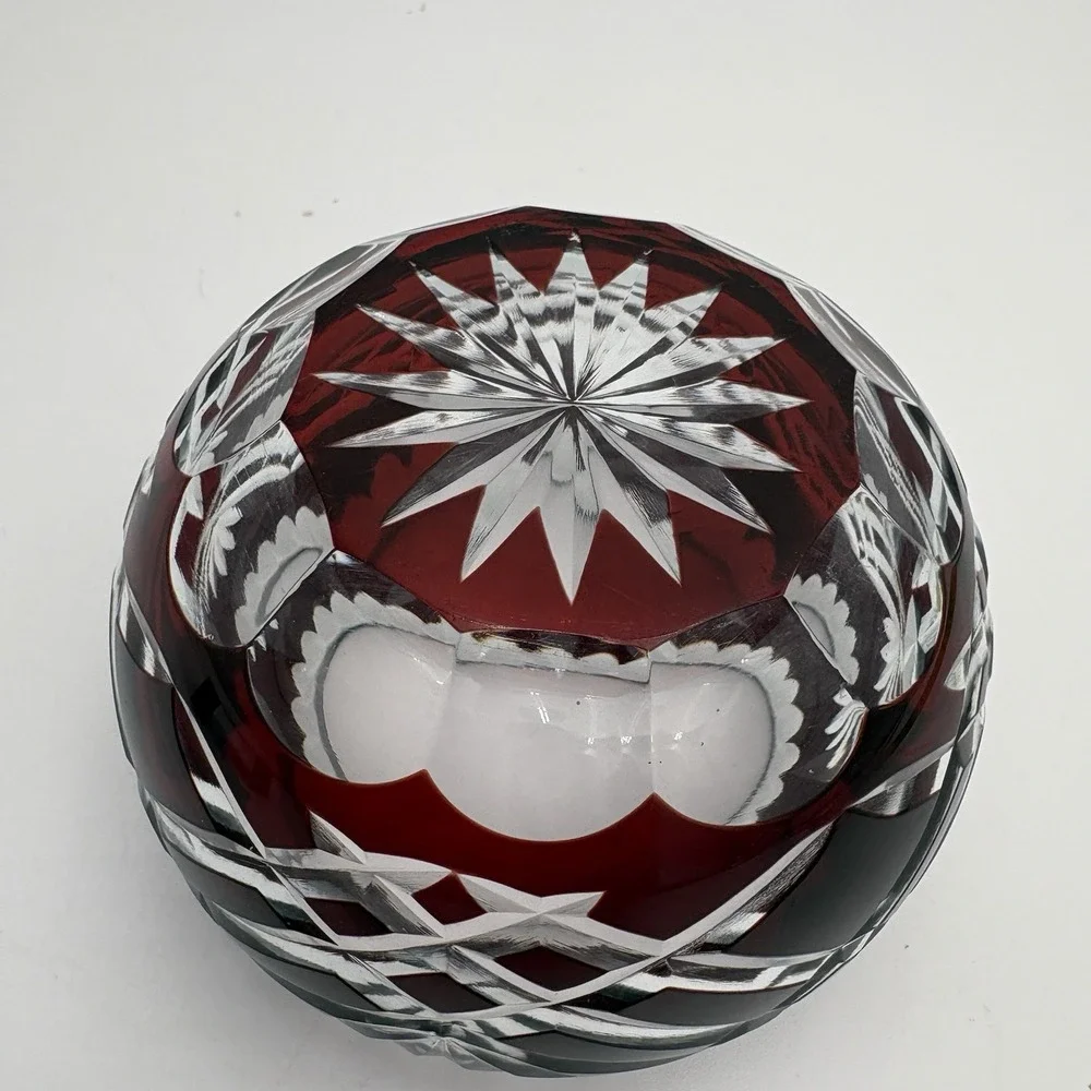 Bohemian Crystal Cut Clear Red Cranberry Votive‎ / Small Flower Design Bowl